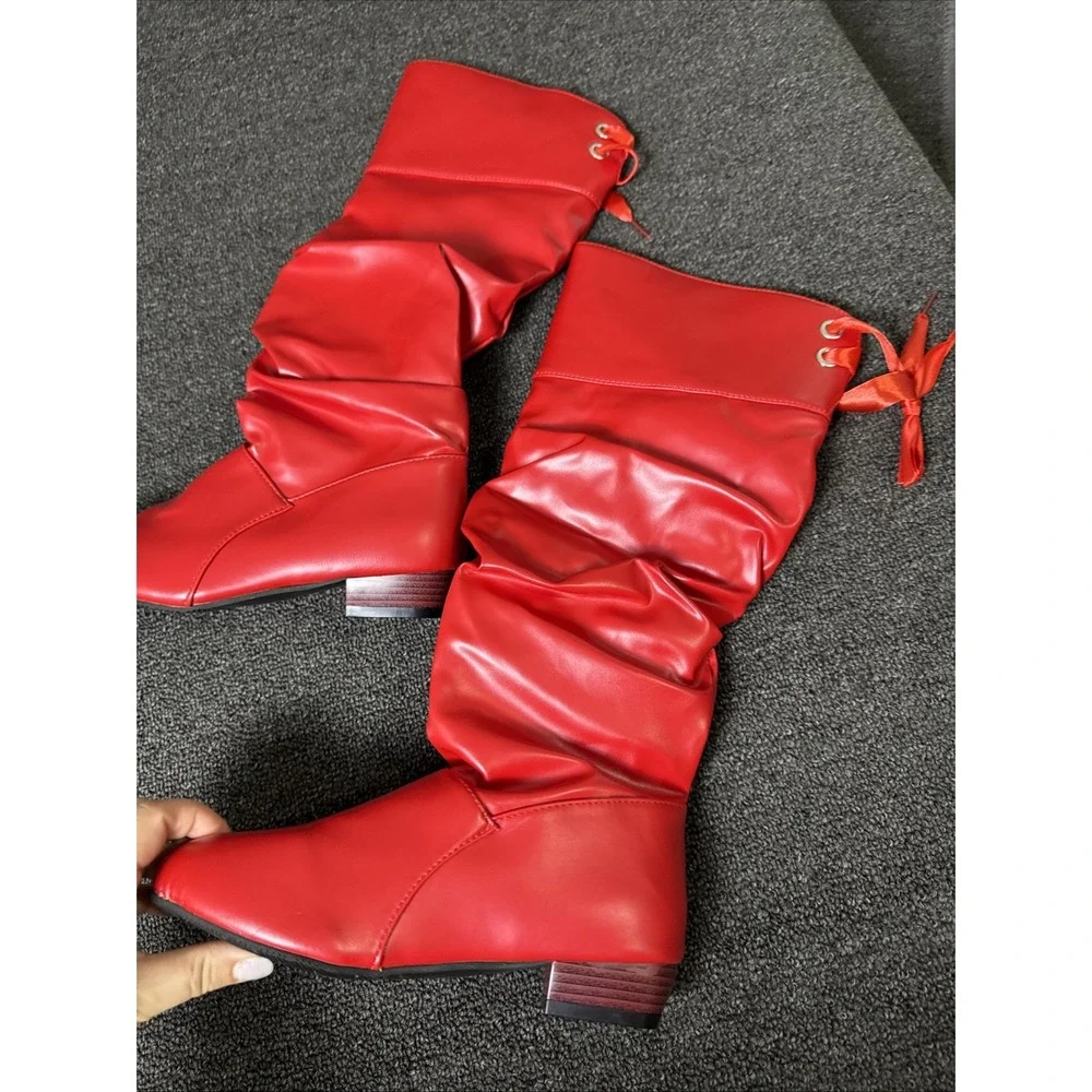 Women's Pull On Knee High Boots RED Shiny Faux Leather w/Decorative Ties 39 1109